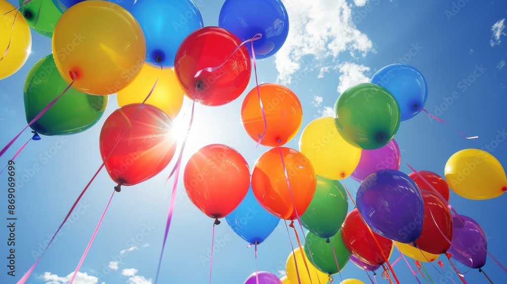 Rainbow-colored balloons rising into the sky, Pride celebration, vibrant colors Rainbow-colored balloons rising into the sky, Pride celebration, vibrant colors