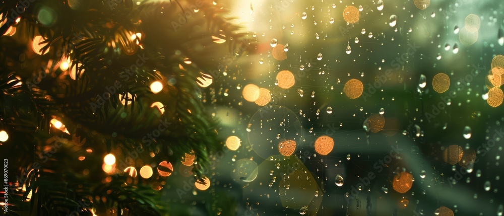 Raindrops on a window pane with soft garden lights, rainy evening, serene glow Raindrops on a window pane with soft garden lights, rainy evening, serene glow