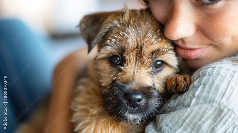 A woman embraces and snuggles a Border Terrier puppy in her home. A woman embraces and snuggles a Border Terrier puppy in her home.