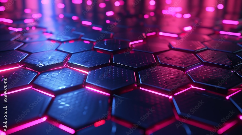 Obraz premium A high-tech 3D backdrop with hexagonal patterns and neon lights, creating a futuristic visual experience.