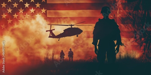 The silhouette of a soldier stands against the backdrop of a helicopter and the American flag, symbolizing patriotism, service, and duty to the nation.