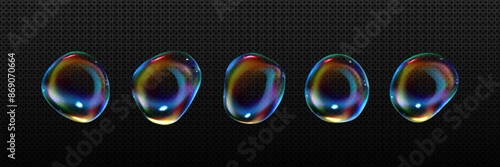 Iridescent soap bubble of round irregular shape. Rainbow colored transparent liquid soapy detergent or glass sphere. Realistic 3d vector illustration set of flying shampoo or laundry abstract balls