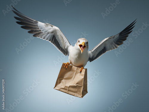 A seabird is flying holding onto an email package. photo