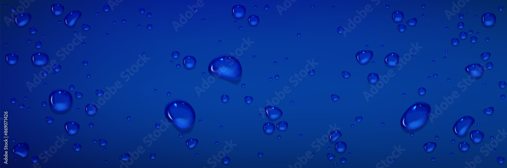 Rain water drops on blue glass surface. Realistic 3d vector illustration of smooth top with transparent droplet. Wet background with spray liquid bubbles. Scattered and spritz splash raindrops. Rain water drops on blue glass surface. Realistic 3d vector illustration of smooth top with transparent droplet. Wet background with spray liquid bubbles. Scattered and spritz splash raindrops.