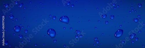 Rain water drops on blue glass surface. Realistic 3d vector illustration of smooth top with transparent droplet. Wet background with spray liquid bubbles. Scattered and spritz splash raindrops.