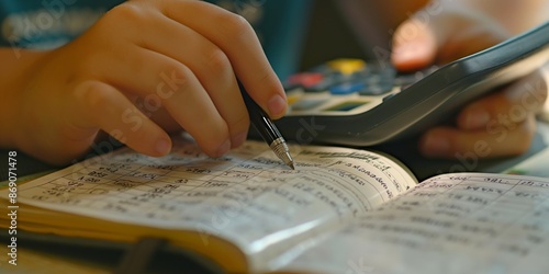 A close-up shot showing a person focused on using a calculator and writing in a notebook, emphasizing on calculations, studying, or accounting work in progress.