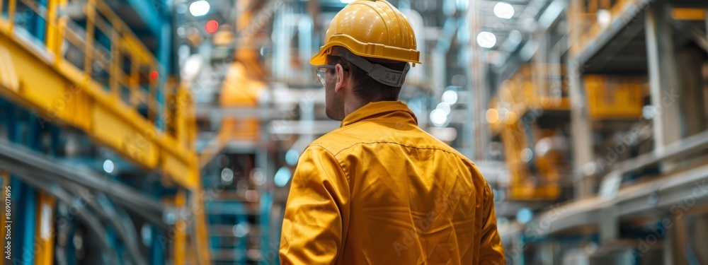  A man in a hard hat stands before a factory, filled with shelves of yellow and blue metal equipment