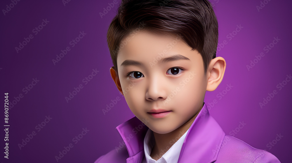 Portrait of a cute happy Asian boy child with perfect skin, purple background, banner. Portrait of a cute happy Asian boy child with perfect skin, purple background, banner.