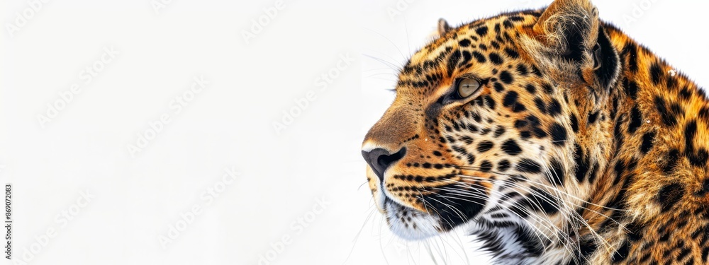 Obraz premium A tight shot of a leopard's face against a blank white backdrop, featuring just one leopard in the foreground
