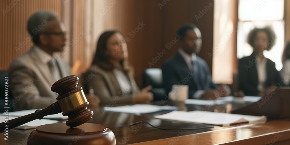Interior of a courtroom featuring a gavel in the foreground, with legal professionals in the background, depicting a scene of justice, deliberation, and legal proceedings. Interior of a courtroom featuring a gavel in the foreground, with legal professionals in the background, depicting a scene of justice, deliberation, and legal proceedings.