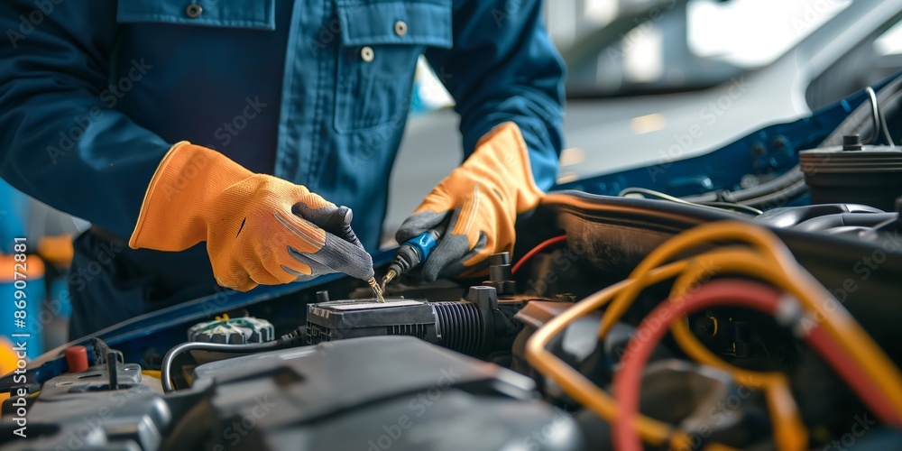 A mechanic is pictured repairing a car engine, wearing protective gloves and using precise tools, demonstrating expertise and meticulousness within an automotive workshop environment. A mechanic is pictured repairing a car engine, wearing protective gloves and using precise tools, demonstrating expertise and meticulousness within an automotive workshop environment.