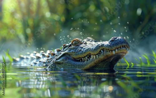 Close up of alligator or crocodile with sharp teeth in water with green foliage. Reptile wildlife in natural habitat.  Animal danger and wild nature concept. © MrHamster
