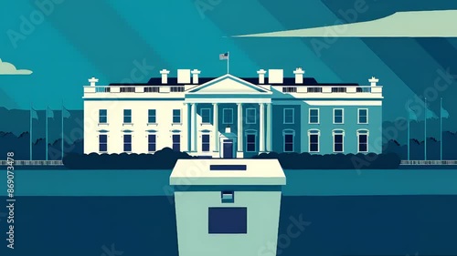 Illustration of the White House with a voting ballot box in front. Concept of American elections for Senate, Presidency, and democracy