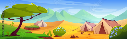 Camp tents on sand surface of African savannah desert. Cartoon vector summer safari tourism in hot drought Africa landscape with campsite, acacia trees and green bushes with flowers, mountains.