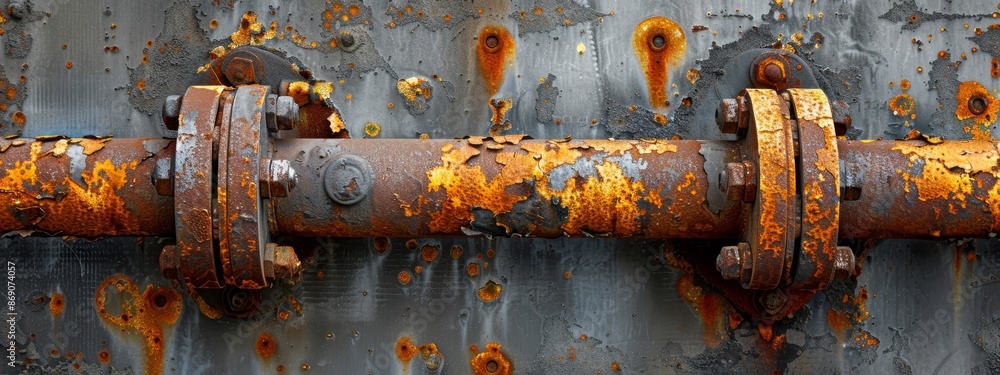 A rusted pipe against a metallic background, exhibiting extensive rust on both the pipe's flank and its adjacent surface A rusted pipe against a metallic background, exhibiting extensive rust on both the pipe's flank and its adjacent surface