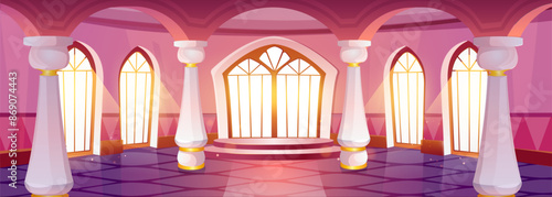 Pink medieval castle baroque ballroom interior with columns and arch windows on sunny day. Cartoon vector royal palace hall room for dance. Luxury king vintage fairytale inside architecture.