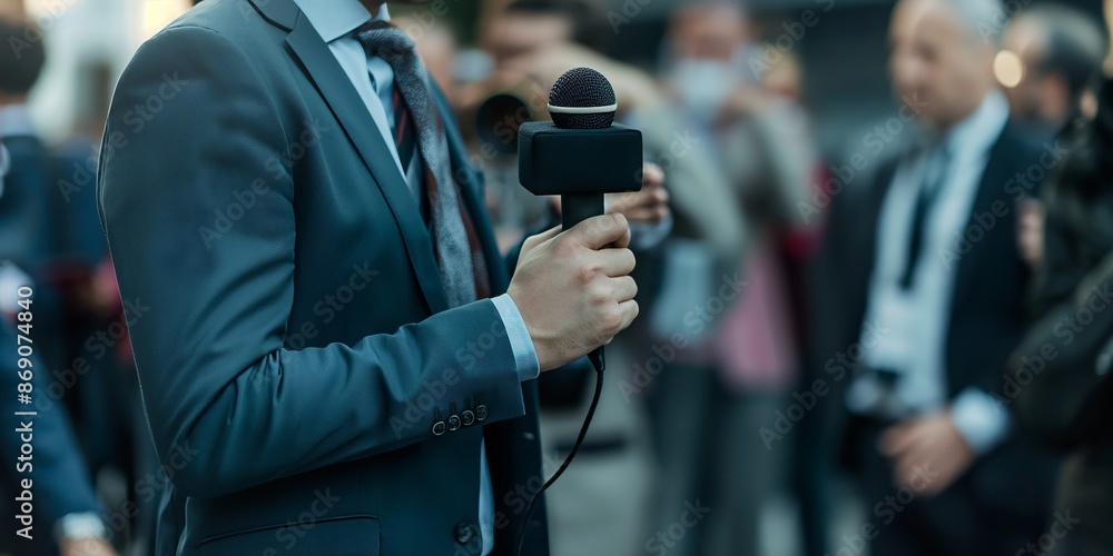 A reporter, dressed in a formal suit, holds a microphone while delivering a report amidst a bustling backdrop, highlighting the essence of professionalism and the importance of news reporting. A reporter, dressed in a formal suit, holds a microphone while delivering a report amidst a bustling backdrop, highlighting the essence of professionalism and the importance of news reporting.
