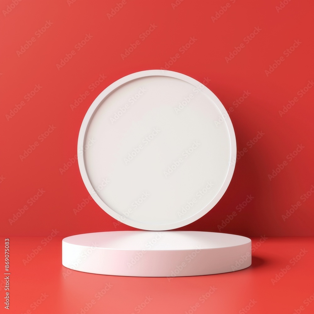 Minimalist red background with white round podiums for product display and exhibition, perfect for advertising and presentations. Minimalist red background with white round podiums for product display and exhibition, perfect for advertising and presentations.
