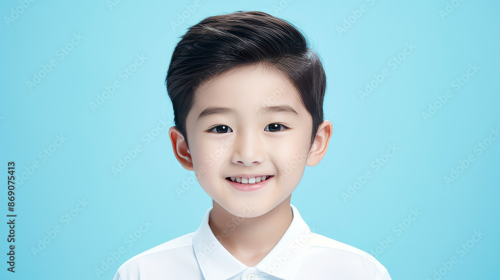Portrait of a cute handsome happy Asian boy child with perfect skin, light blue background, banner. Portrait of a cute handsome happy Asian boy child with perfect skin, light blue background, banner.