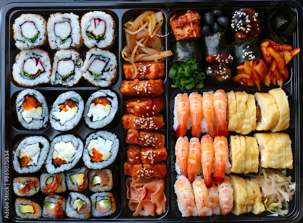 A variety of sushi and other Japanese food in a black plastic container A variety of sushi and other Japanese food in a black plastic container