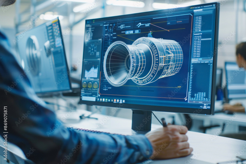 Engineer drafting complex jet engine blueprint CAD