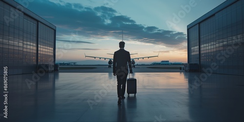 Fototapeta Naklejka Na Ścianę i Meble -  A person with a suitcase walks towards a parked airplane at dusk, set against a dramatic sunset sky, evoking a sense of travel, journey, and expectations of adventure.