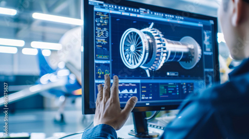 Obraz na płótnie Aerospace engineer developing jet engine with 3D CAD w salonie