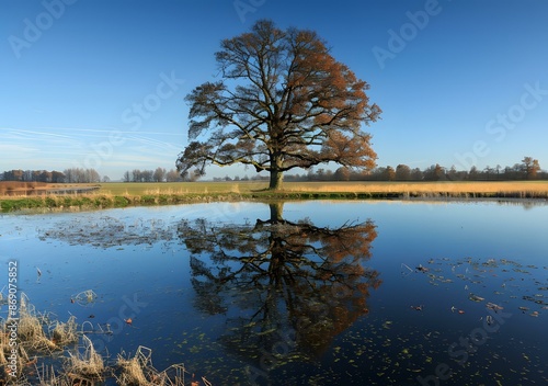 Tree Reflection In Pond With Blue Sky