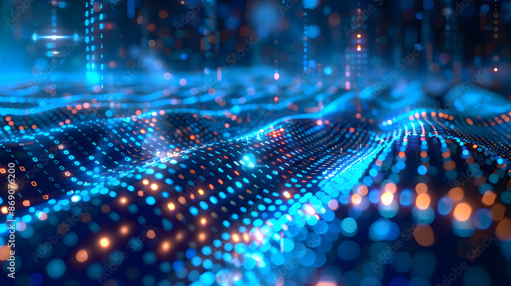Data technology background with dots and binary code on 3D wave landscape. Big data and science, computing, digital processing and storage, virtual reality, cyberspace, metaverse, high Data technology background with dots and binary code on 3D wave landscape. Big data and science, computing, digital processing and storage, virtual reality, cyberspace, metaverse, high