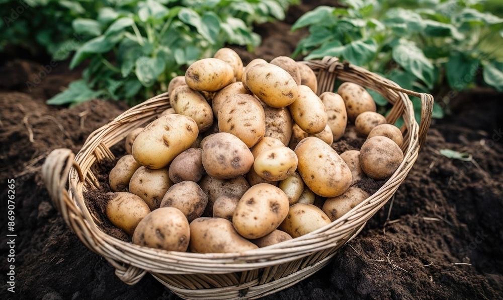 Basket Of Potatoes Harvested From Fertile Farm Still Covered In Patches Of Dirt And Soil - Generative AI Basket Of Potatoes Harvested From Fertile Farm Still Covered In Patches Of Dirt And Soil - Generative AI
