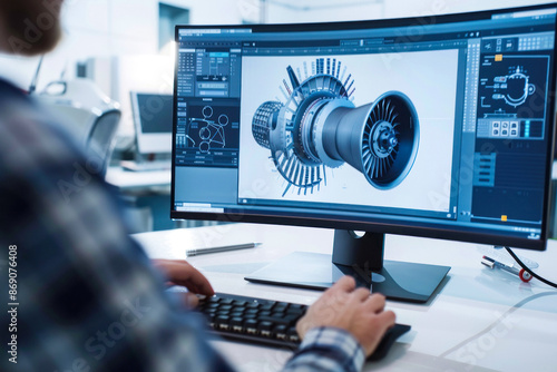 Obraz na płótnie Engineer refines jet engine CAD model on monitor. w salonie