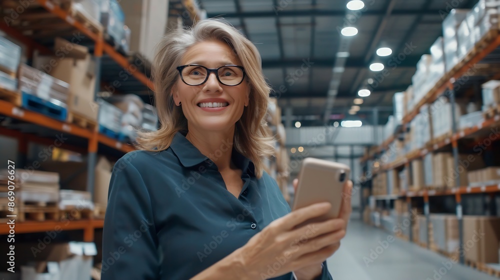 Fototapeta premium Happy middleaged businesswoman small business owner celebrate first sale in electronic commerce webstore standing in warehouse office look at cellphone screen relish great news Growth : Generative AI