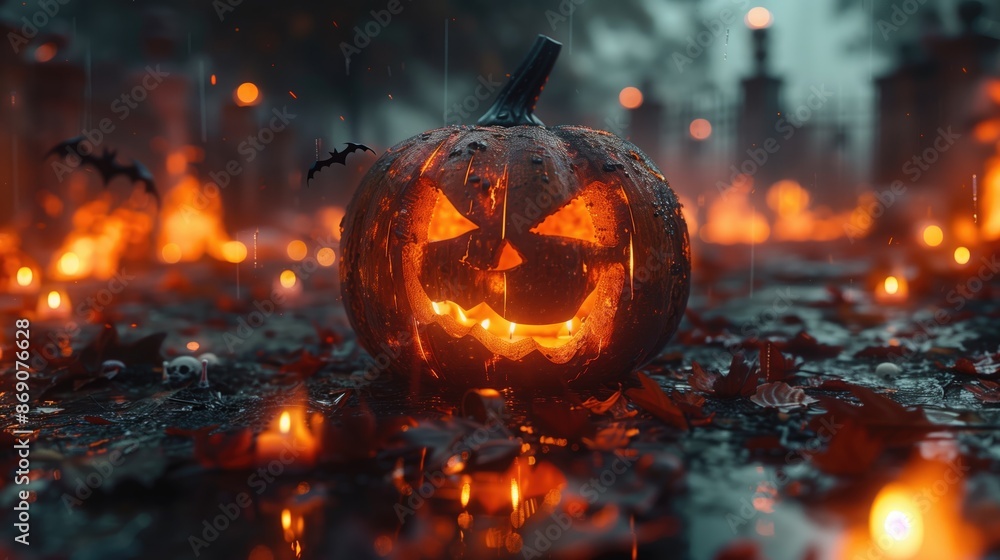 Naklejka premium Authentic Halloween Background with Pumpkin Head, Cemetery, Flying Bats, and Burning Candles