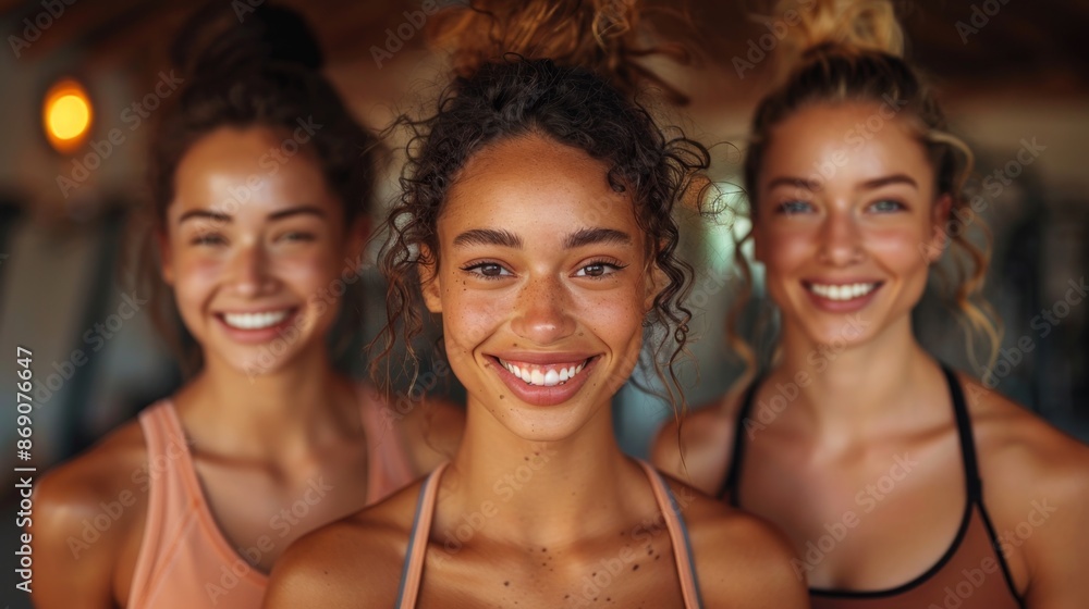 Three Happy Women Smiling in Fitness Attire - Generative AI Three Happy Women Smiling in Fitness Attire - Generative AI