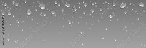 Water drops on black glass surface. Realistic 3d vector dark background with transparent rain droplets. Wet window with dew bubbles. Fresh moisture bg with spray condensation waterdrop pattern.