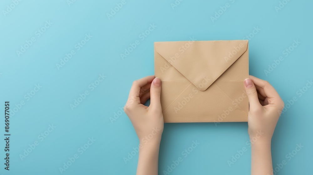 Photo of A person holding an envelope on blue background, top view with copy space concept for mail or message . Web banner with copyspace on the right side, flat lay Photo of A person holding an envelope on blue background, top view with copy space concept for mail or message . Web banner with copyspace on the right side, flat lay