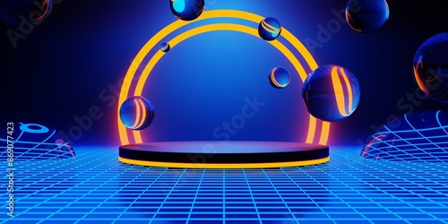 3d illustration rendering of gaming abstract background in scifi cyberpunk style and neon stage display showcase