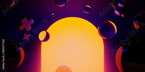 3d illustration rendering of gaming abstract background in scifi cyberpunk style and neon stage display showcase