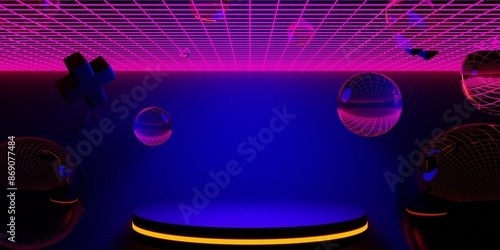 3d illustration rendering of gaming abstract background in scifi cyberpunk style and neon stage display showcase