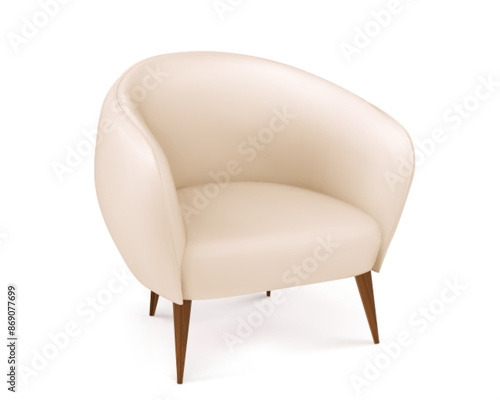 Beige soft leather armchair with wooden legs. Realistic 3d vector illustration of gentle fabric sofa furniture element. Classic comfort living room interior object. Comfortable bedroom chair mockup.
