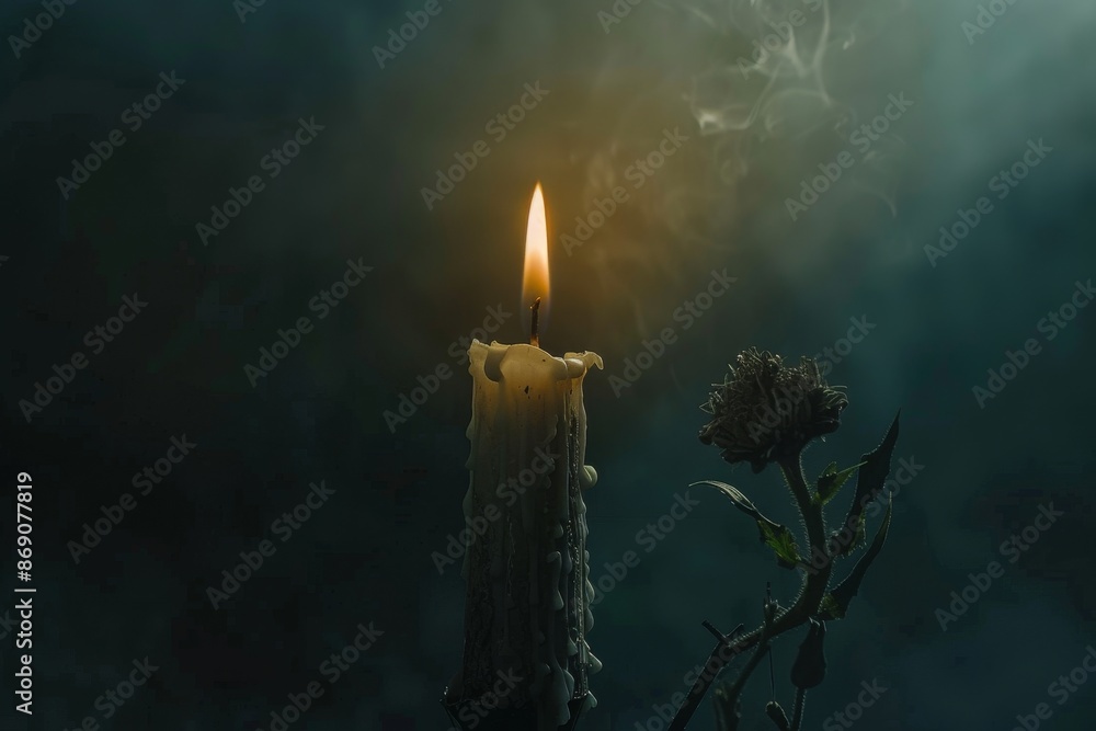 Fototapeta premium A flickering candle emits light in a dimly lit room, A wilted candle flickering in a dark room