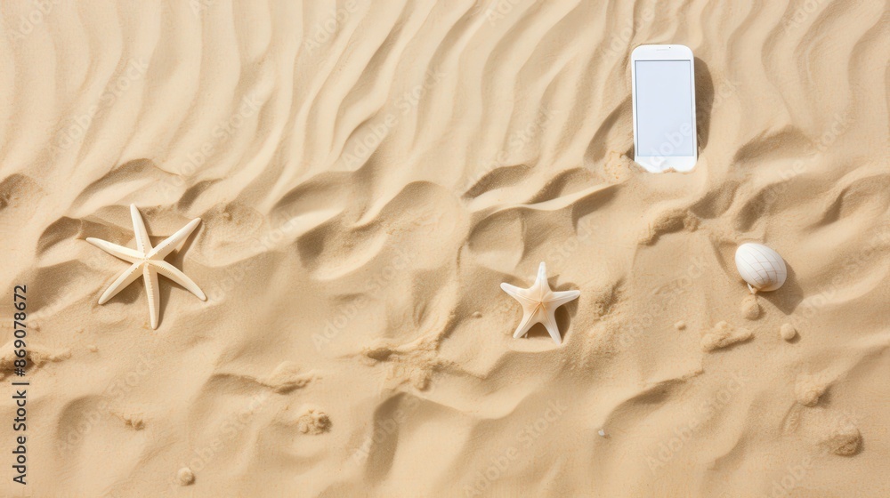 Seashells, Starfish, and Smartphone on Sandy Beach Seashells, Starfish, and Smartphone on Sandy Beach