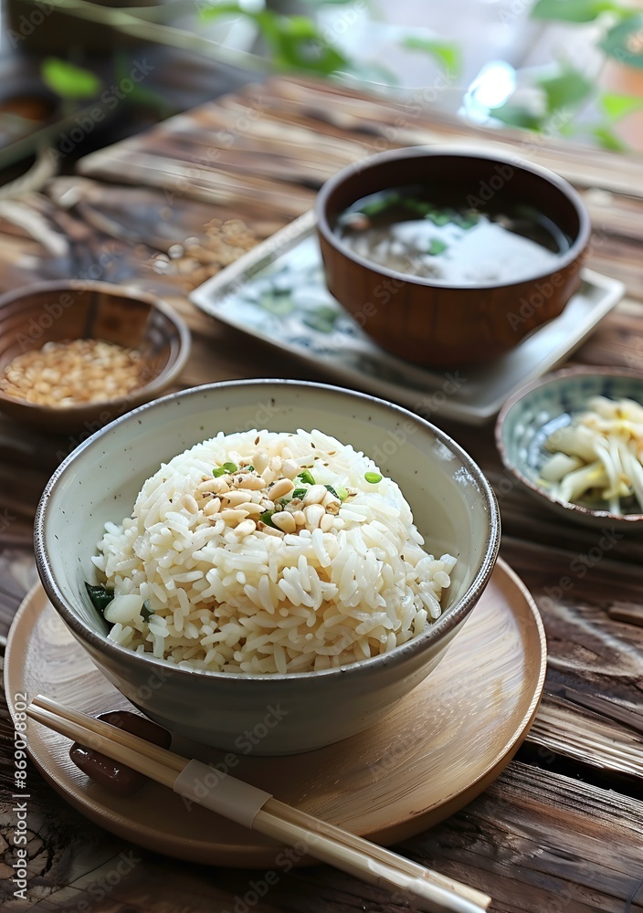 A bowl of white rice with pine nuts, sesame seeds, and scallions, served with a side of soup and pickles. A bowl of white rice with pine nuts, sesame seeds, and scallions, served with a side of soup and pickles.