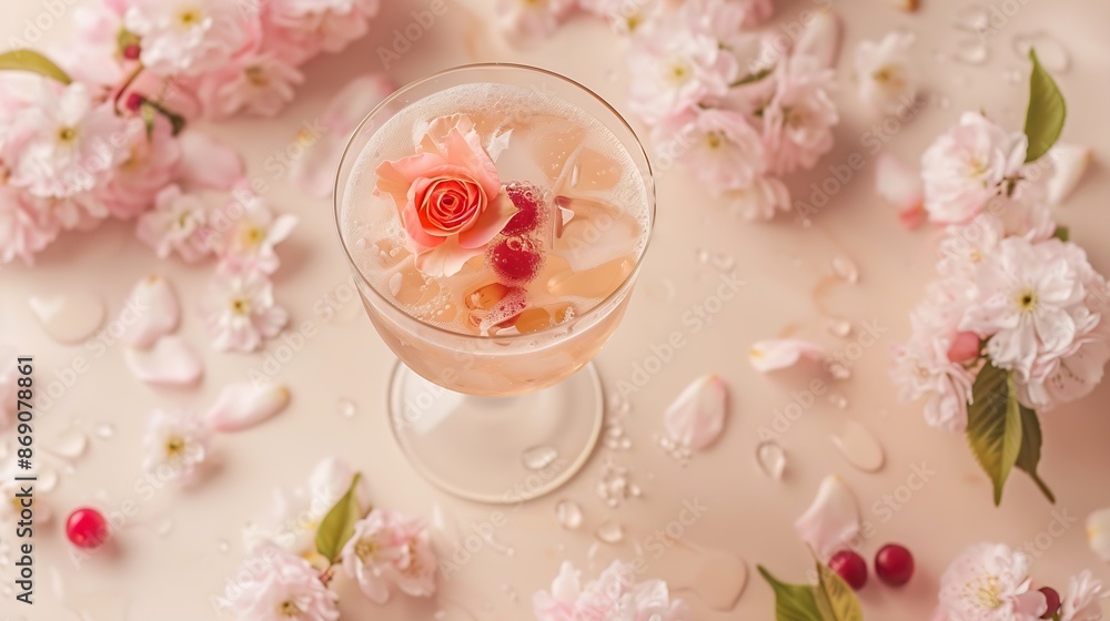 Summer refreshing drink Light pink rose cocktail on a beige background with spring cherry flowers : Generative AI Summer refreshing drink Light pink rose cocktail on a beige background with spring cherry flowers : Generative AI