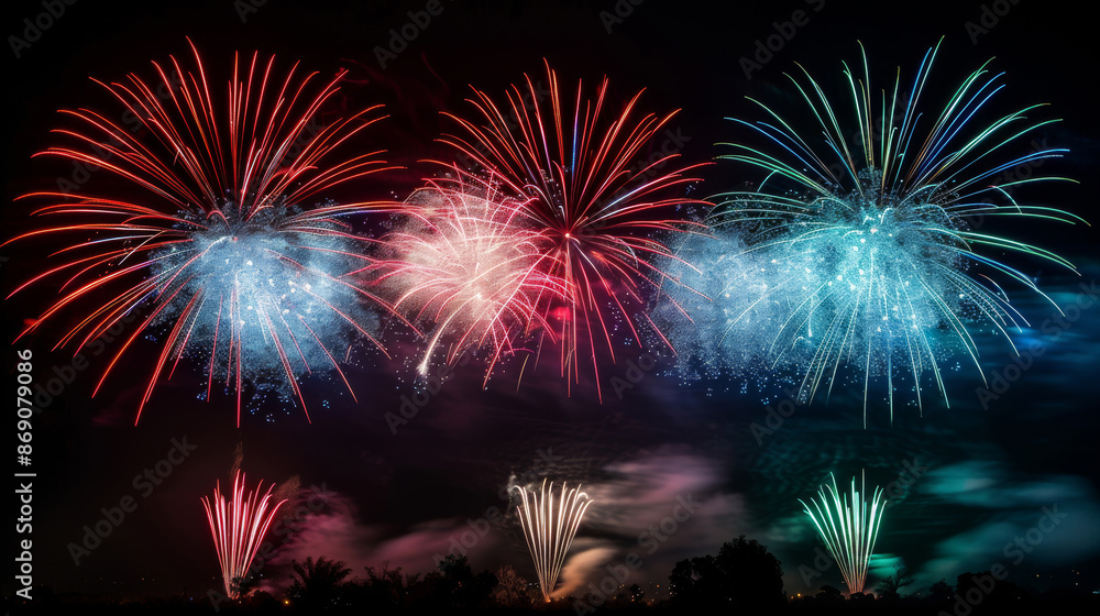 red, green and blue fireworks in the night sky red, green and blue fireworks in the night sky