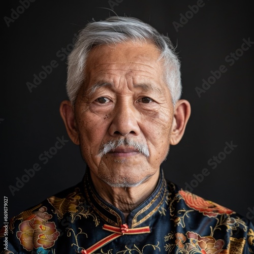 Portrait of an Elderly Asian Man Wearing Traditional Clothing