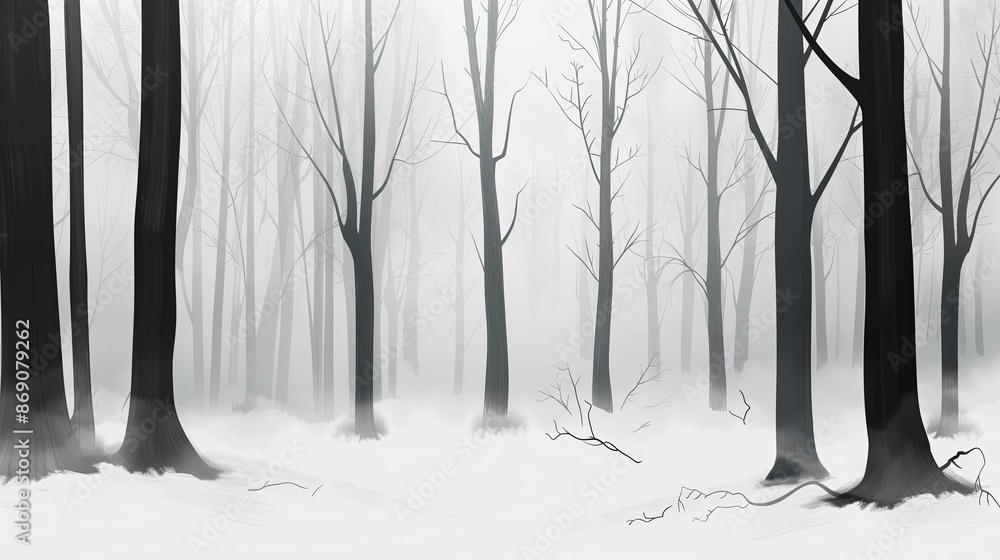 Fototapeta premium Winter snow forest nature landscape. Cold white season trees. Snowy outdoors scene in woods. Frost weather fog morning branch. Scenic park background day light mist. Environment