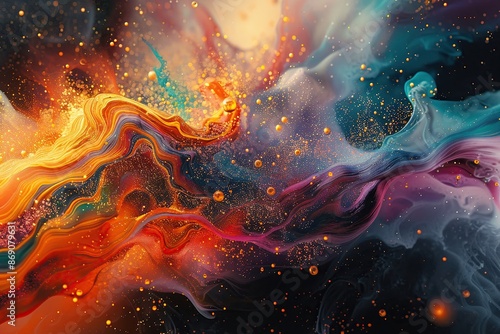 Abstract Colorful Fluid Art with Vibrant Swirls and Dynamic Patterns in a Cosmic Background