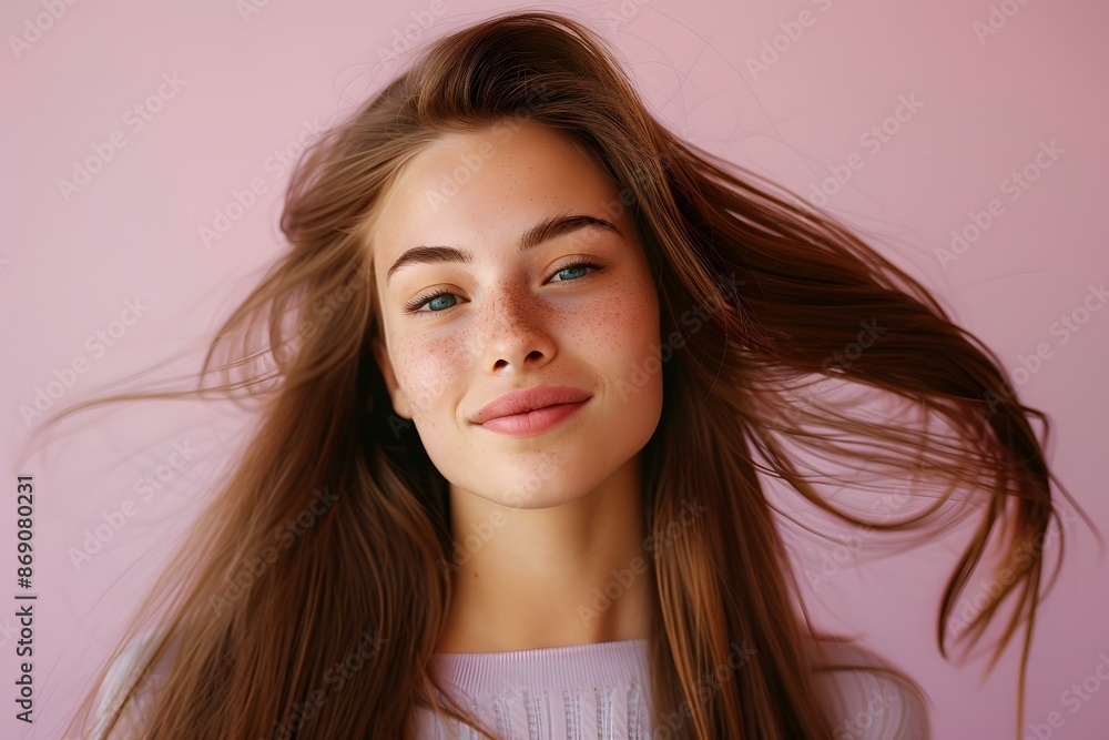 Portrait of a Smiling Woman with Freckles and Long Brown Hair Portrait of a Smiling Woman with Freckles and Long Brown Hair