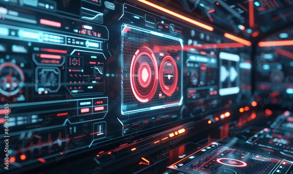 Fototapeta premium Futuristic Control Panel with Red and Blue Lights